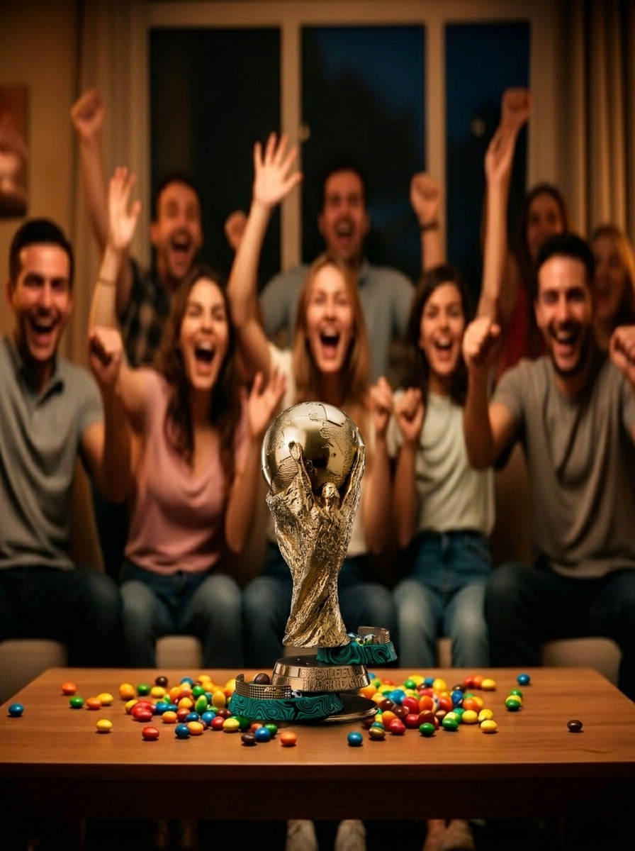 Familie und Freunde jubeln beim Fussballabend mit dem Sweet World Cup