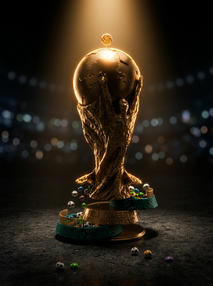Sweet World Cup goldener Pokal mit Süßigkeiten im Spotlight
