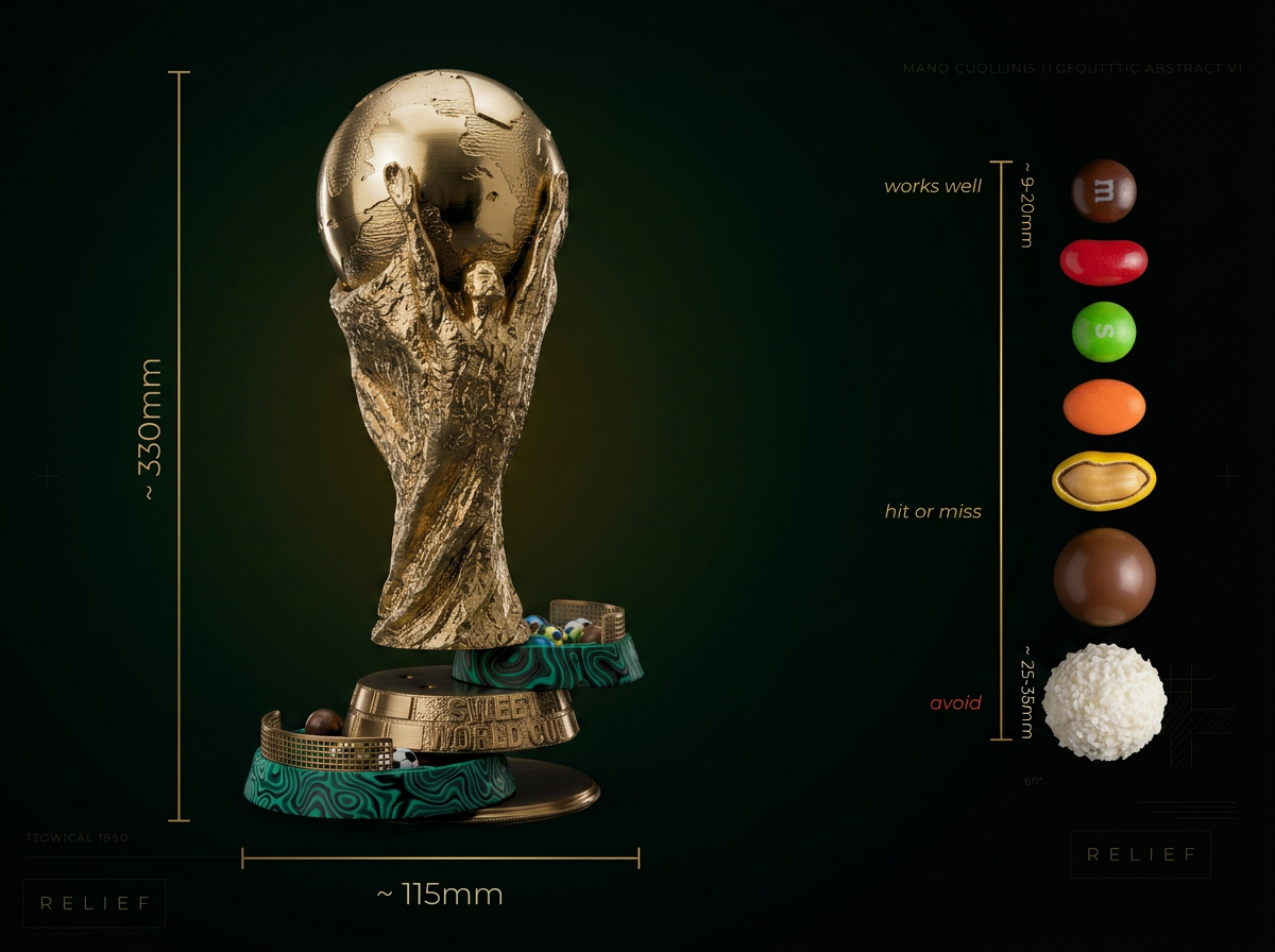 Sweet World Cup Maße: ca. 330mm hoch, 115mm breit. Kompatible Süßigkeiten 9-20mm.